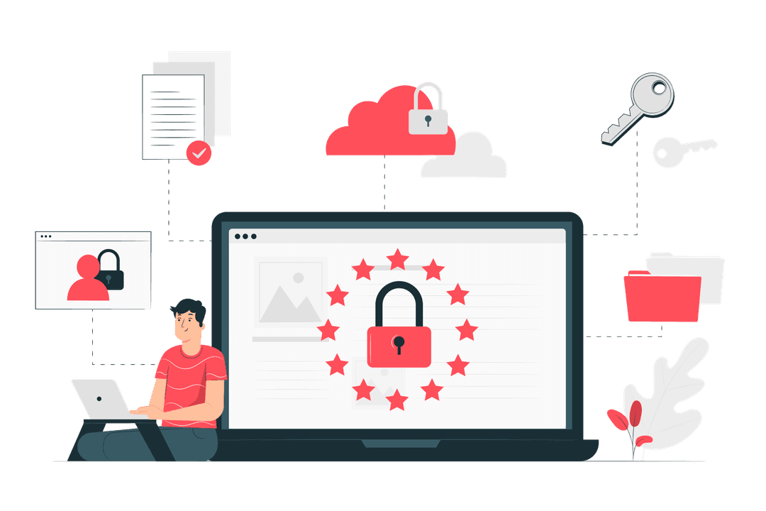 Illustration of privacy and data protection, with a locked laptop screen and security icons