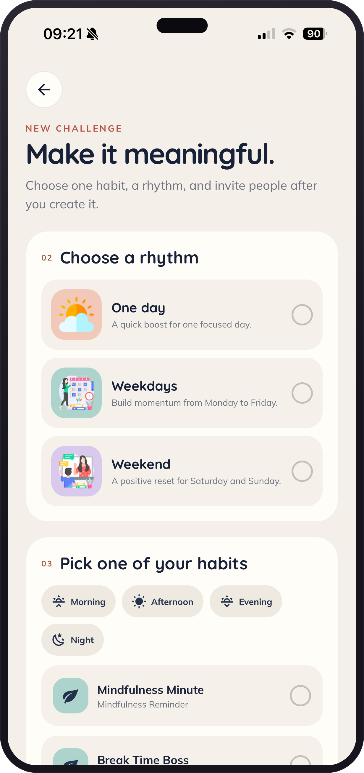 Sereniteen home screen showing goals, habits, challenges, journal and meditation