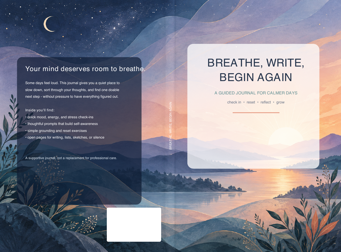 Breathe, Write, Begin Again journal cover showing a moonlit landscape becoming sunrise